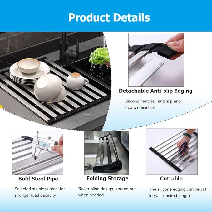 35/38/40/42/45/50/55/60 CM Collapsible 304 Stainless Steel Over Sink Roll up Dish Drying Rack, Foldable Heat-Resistant Dishes Drainer(L 40cm/15.7in)