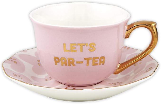 Slant Collections - Ceramic Tea Cup and Saucer Set, 5-Ounce, Let's Par-Tea