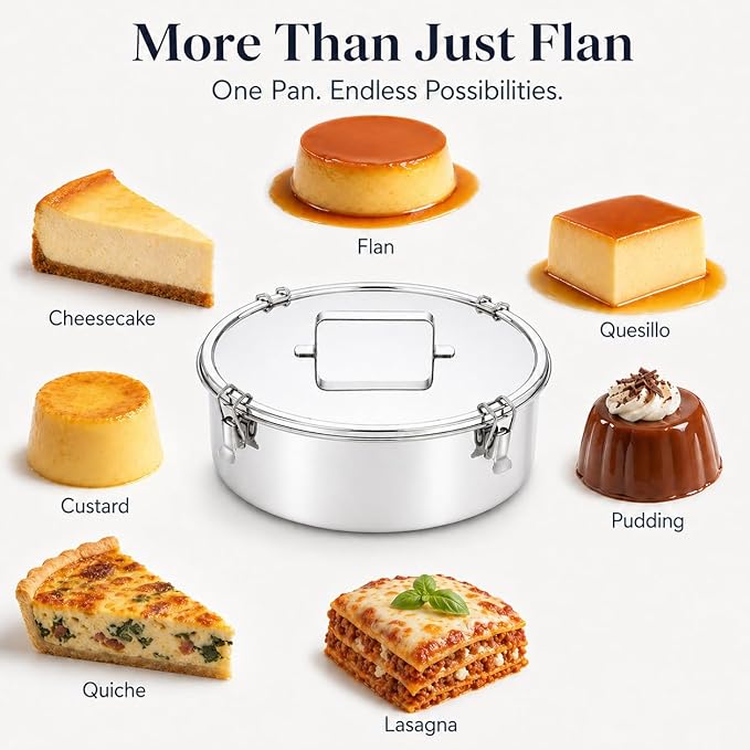 Extra Large Stainless Steel Flanera with Lid, 11.25 Inch 125 fl oz Flan Mold, Molde Para Flan for Family-Size Flan, Quesillo, Custard, Pudding, Cheesecake & Oven Water Bath Baking