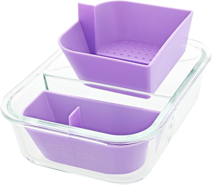 Two Compartment Borosilicate Glass Container Cleaning Tool with Sealable Lid (True Purple)