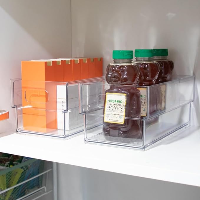 Isaac Jacobs 2-Pack Clear Expandable Storage Bins - Small, 11"-19" L x 5.8" W x 4.8" H, Plastic Organizer with Cut-Out Handles, Adjustable Length from 11-19" for Home, Kitchen & Office