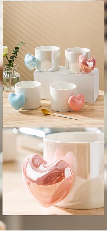 Pearl Ceramic Coffee Mug for Tea Latte Milk Cute Love Shape Cup for Home Office Women Gift 6.5 oz (love blue, 330 ml)