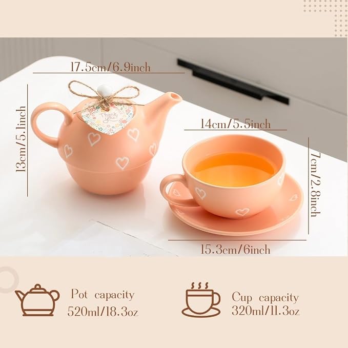 Domini Teapot cup combo,Teapot and Teacup for One,Tea Cup and Saucer Set-Tea Pot Set Gift for Girl Women,Matte orange