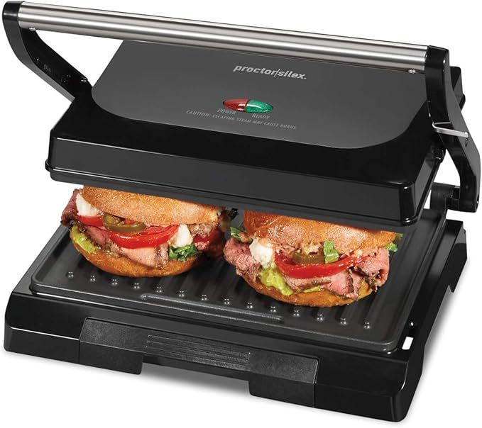 Proctor Silex-Panini Press Sandwich Maker and Electric Indoor Grill, Easy Clean PFAS-Free Nonstick Grids, Compact Upright Storage, Black (25440MN)