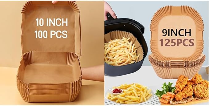 Air Fryer Paper Liners, Non-Stick, High-Temperature Resistant, Oil-Proof, 12 Count, 8x8 inches, Large, Silicone, Disposable, Perfect Fit for Air Fryer, Baking Parchment Paper