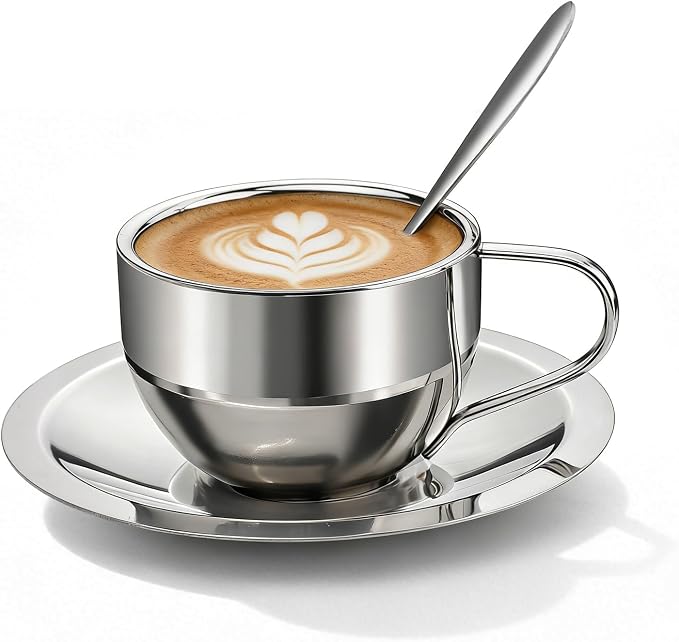 304 Stainless Steel Coffee Cups with Spoon & Saucer, 6.08 Oz Metal Espresso Mugs, Double Walled Insulated Espresso Coffee Cup for Cappuccino Latte Milk Tea Beverages (1 Set，180 ml)