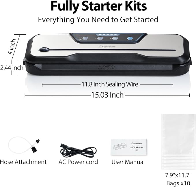 Automatic Food Vacuum Sealer Machine, Beelicious 8-In-1 Food Vacuum Saver with Starter Kits, Pulse Function, Moist & Dry Mode and External VAC for Jars and Containers, Stainless Steel