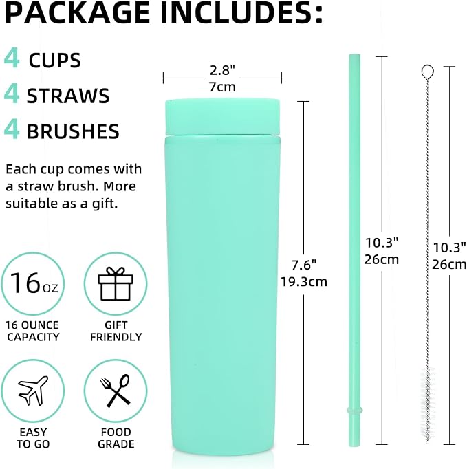 Volhoply 16oz Plastic Skinny Tumbler with Lid and Straw Bulk 10 Pack,Insulated Double Wall BPA Free Matte Acrylic Tumblers,Iced Coffee Travel Reusable Party Cup,Customizable Diy Gifts(Green,10 Set)