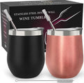 CHILLOUT LIFE 12 oz Stainless Steel Wine Tumblers 2 Pack - Double Wall Vacuum Insulated Wine Glasses Cups with Lids and Straws Set Keeping Cold & Hot for Coffee, Beer, Ice Cream (Rose Gold + Black)