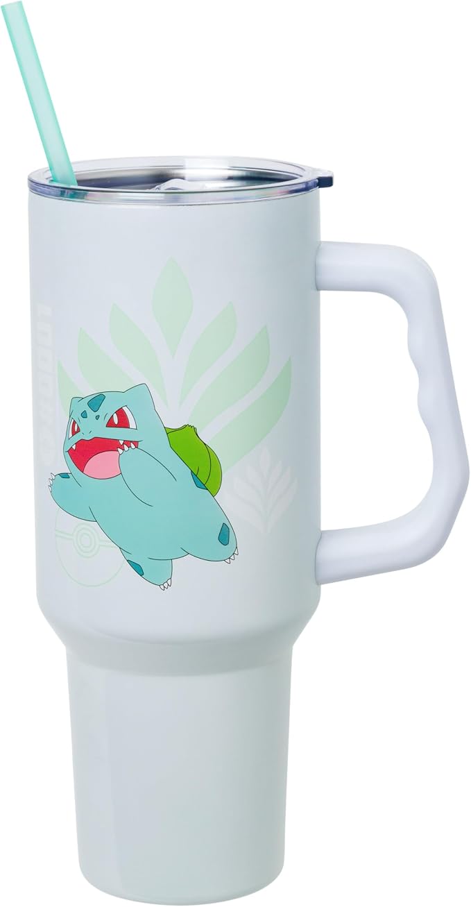 Silver Buffalo Pokémon Featuring Bulbasaur Double Walled Stainless Steel Tumbler with Handle and Straw, Fits in Standard Cup Holder, 40 Ounces