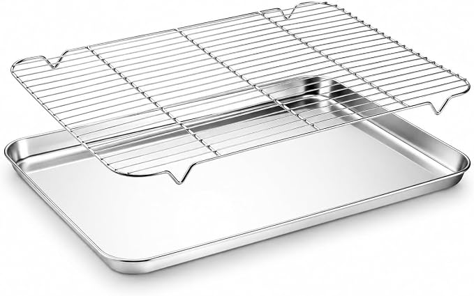 Onader Baking Cookie Sheet with Cooling Rack, 19⅝ x 13¾ Inch Stainless Steel Large Baking Sheet Pan with Wire Rack Set for Oven, Nonstick & 1 Inch Deep, 1 Pan + 1 Rack