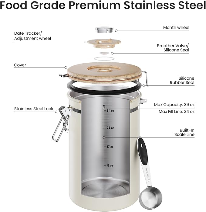 Veken Coffee Canister, 39OZ Large, Gifts For Women,Airtight Stainless Steel Food Storage Container for 2.2lbs Coffee Beans,Ground, Sugar, Tea, Flour, Cereal, Kitchen Bar Accessories,Scoop, Gift, Cream