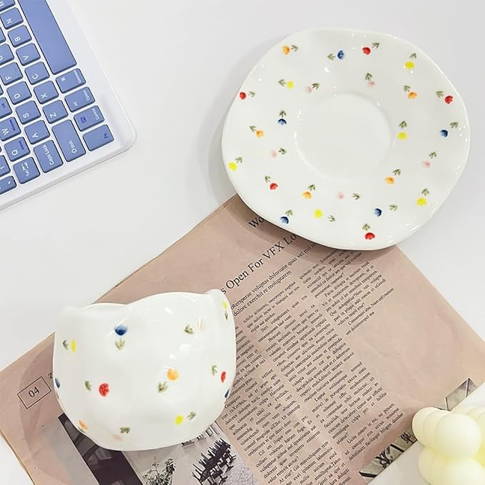 Noviko Flower Coffee Mug Fancy Tea Cups and Saucers Set for Mom 10 oz