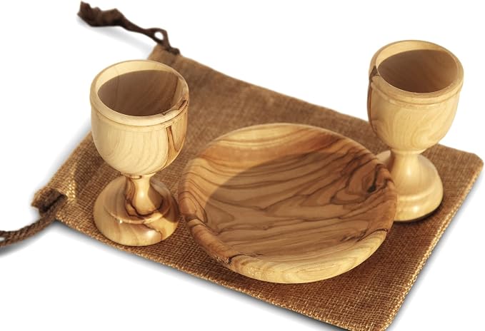 Christian Wedding Gifts – Olive Wood Communion Set Made in Bethlehem – 2 small Cups (3") & Bread Tray for Marriage Unity Ceremony – Authentic Holy Land Gift for Bride & Groom with Certificate