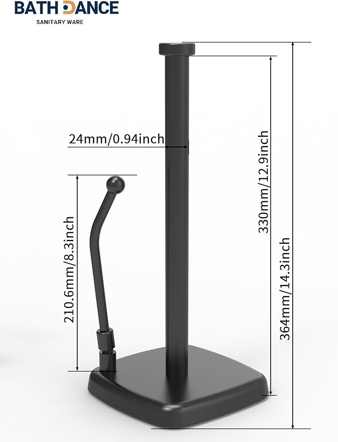 Paper Towel Holder Countertop Black, Paper Towel Dispenser Standing Weighted Base Non-Slip, Spring Arm Fit Most Size Tissue Roll, Stainless Steel Paper Towel for Home Kitchen Tabletop
