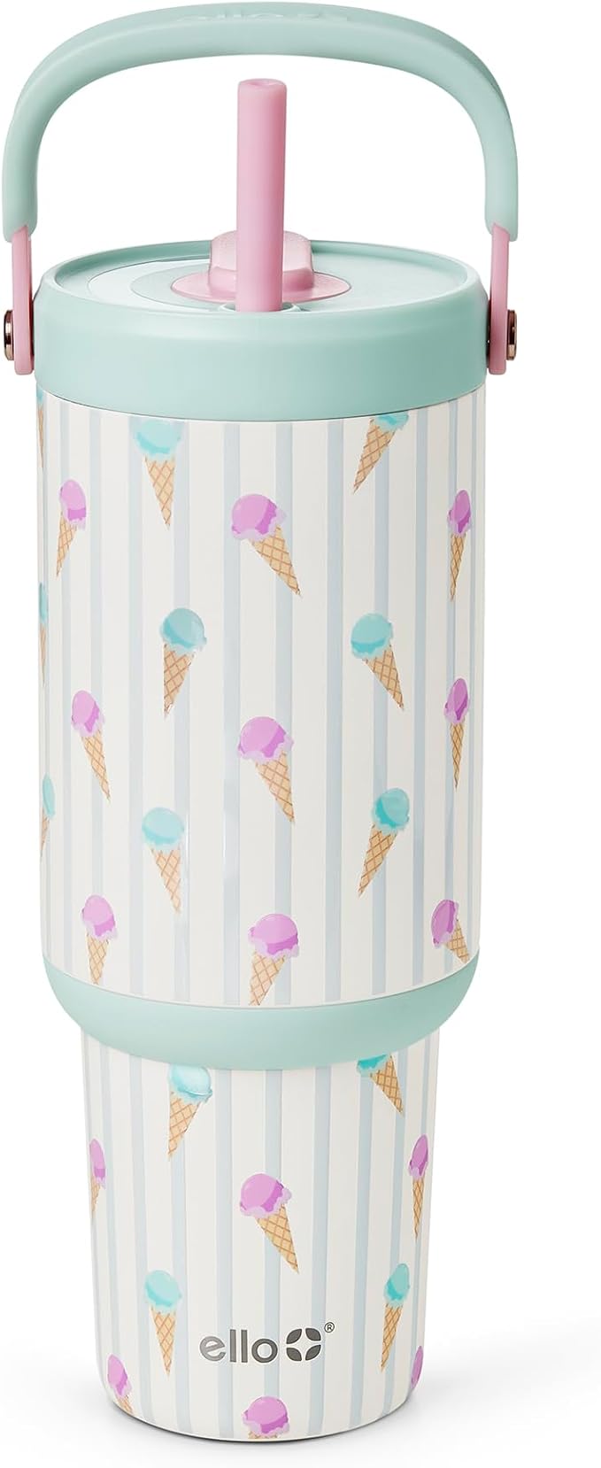 Ello Oasis Go+ 32oz Tumbler with Top Handle and Retracting Straw | Reusable Insulated Stainless Steel Cup, 100% Leakproof Water Bottle, 24 Hours Cold, Cup Holder Friendly For Travel | Ice Cream Parlor