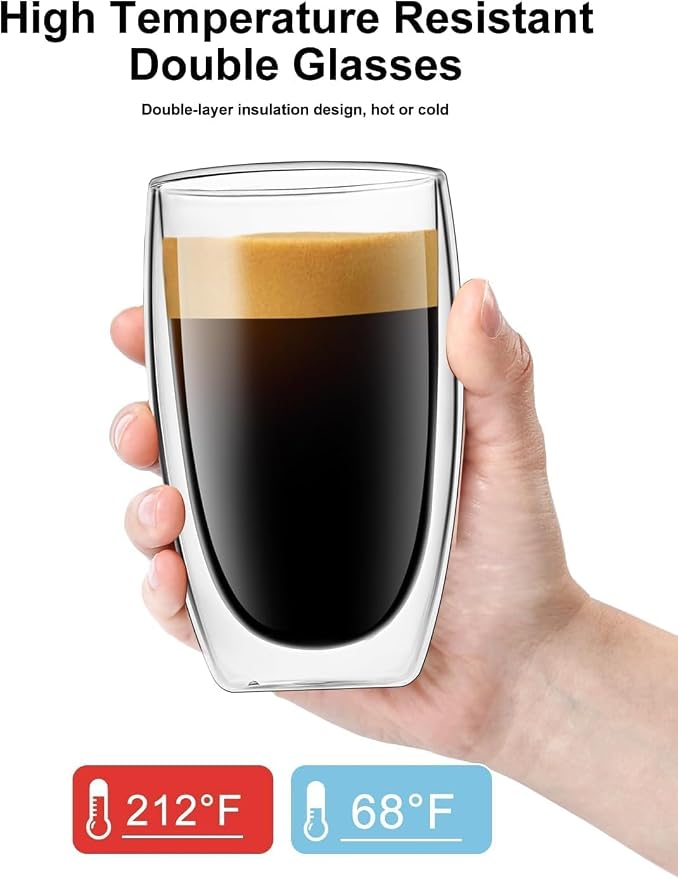DOPUDO 17oz Double Wall Glass Coffee Mugs Set of 8, Insulated Coffee Mug, Clear Borosilicate Glass Coffee Cups for Cappuccino, Tea, Lightweight and Microwave Safe
