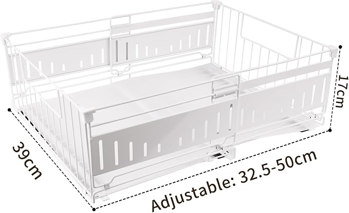 Expandable Pull Out Cabinet Organiser, No Drill Adhesive Slide Out Kitchen Drawer Shelf Durable Metal for Under Sink, Cupboard, Pantry, Adjustable Width (12.8"-19.7") (Style A White, 1 Pack)