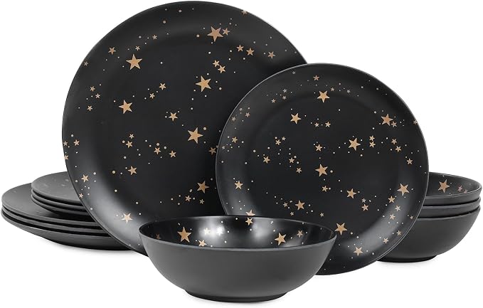 Black Melamine Dinnerware Sets - 12pcs Plates and Bowls Sets, Unbreakable Camping Dishes Set for 4, Indoor and Outdoor Use Non-breakable Dinner Set - Star