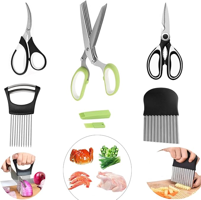 5-Blade Herb Scissors, Kitchen Shears, Seafood Scissors, Onion Holder Slicer and Potato Crinkle Cutter, yamesu Kitchen Gadget Salad Herb Tools 5 Sets