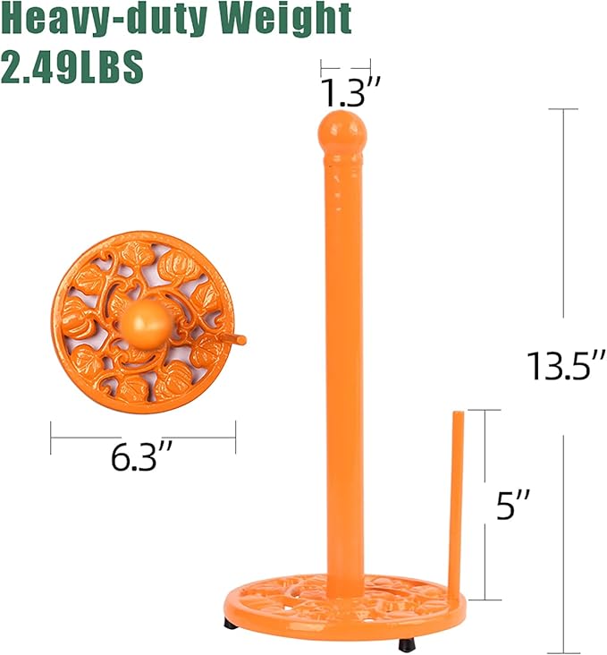 Orange Cast Iron Paper Towel Holder for Kitchen Countertop - Vintage Pumpkin Pattern Standing Dispenser with Heavy Weighted Base, Vibrant Farmhouse Decor, Fits Jumbo Rolls, One-Handed Tear