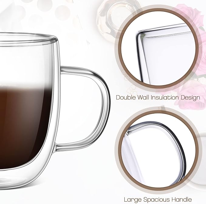 Gerrii Double Walled Glass Coffee Mugs with Handle 10 oz Insulated Borosilicate Glass Cappuccino Mugs Clear Espresso Cups for Home Office Coffee Tea Espresso Latte Milk and Hot Cold Beverages(12 Pack)