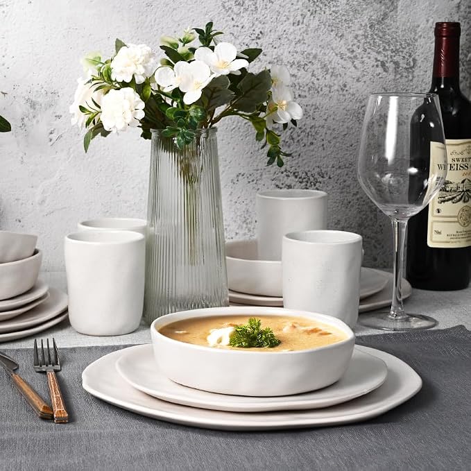 Cabtnca Plates and Bowls Sets for 4, 16 Pcs Modern Stoneware Dinnerware Sets, Highly Chip Scratch Resistant, Microwave & Dishwasher Safe, Irregular Dish Set for Kitchen Home, Speckled White