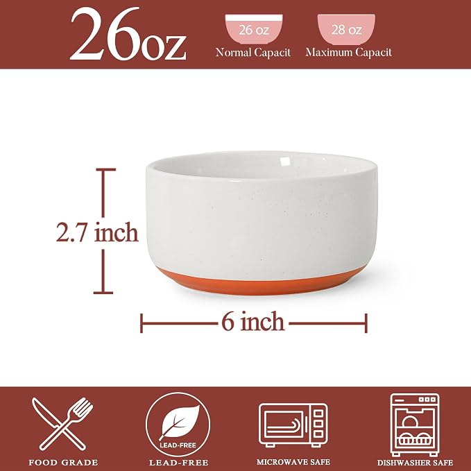 Stoneware Cereal and Soup Bowls Set of 4, 6-Inch Dual Glaze Ceramic Bowls for Breakfast & Oatmeal, Microwave and Dishwasher Safe, Stardust Glaze White