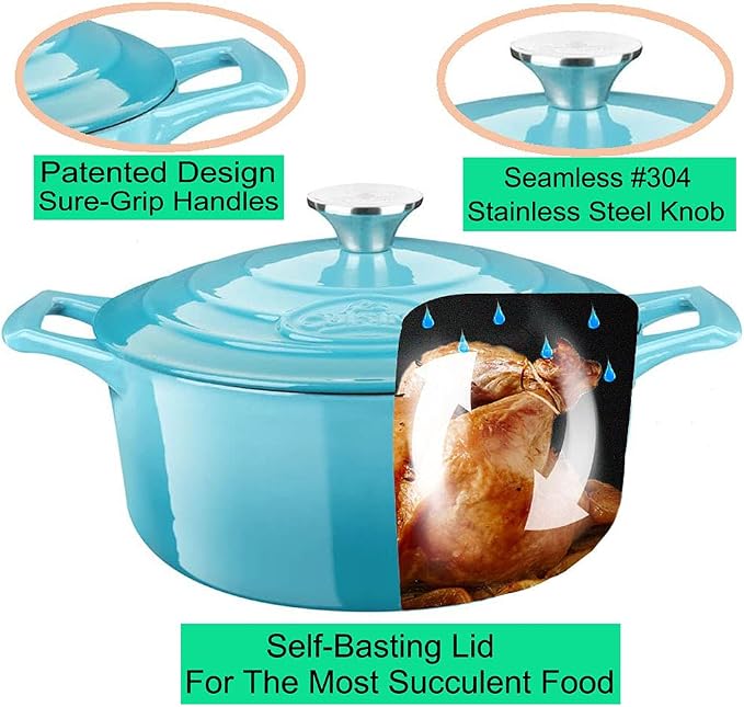 La Cuisine Enameled Cast Iron Dutch Oven Casserole Dish Pot with Lid, 2.1 QT 7.8" /20cm Dia. Internal Matt Black Enamel Coating, 2-tone Teal Enamel Exterior, Oven Safe up to 500° F for bread baking