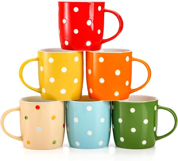 Elsjoy 6 Pack Polka Dot Coffee Mugs, 12 Oz Ceramic Coffee Mugs Colorful Porcelain Mug Set for Coffee, Tea, Milk, Hot Chocolate