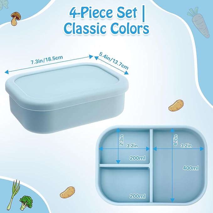 Honeydak 4 Pcs Silicone Bento Box for Adults, 3 Compartment Lunchable Food Container for Women Men, Leak Proof Microwave Dishwasher Freezer Safe (Blue)