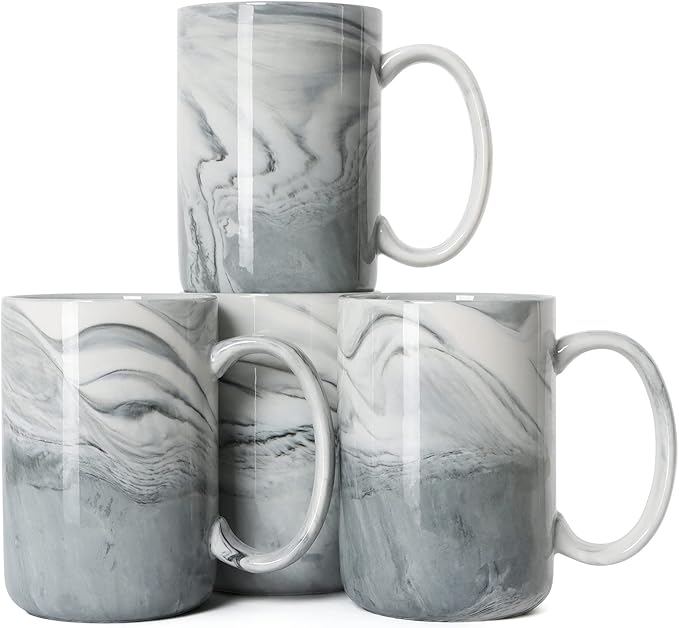 14 OZ Marble Coffee Mugs, M068 Novelty Marble Ceramic Cup for Home and Office, Microwave Dishwasher Safe, Set of 4, Gray