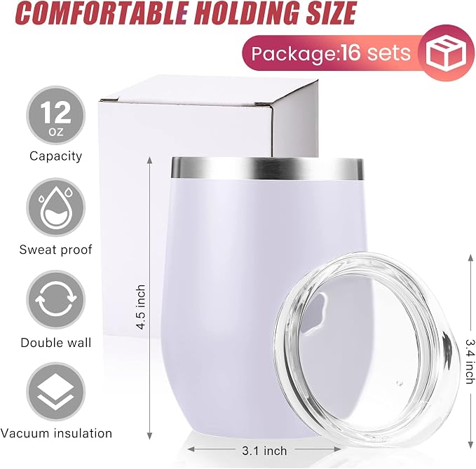 Remagr 16 Pack Stainless Steel Wine Tumblers 12 oz Insulated Vacuum Wine Cup Set Double Wall Stainless Steel Stemless Mug Glasses for Coffee Soda Whiskey Outdoor Travel (White)