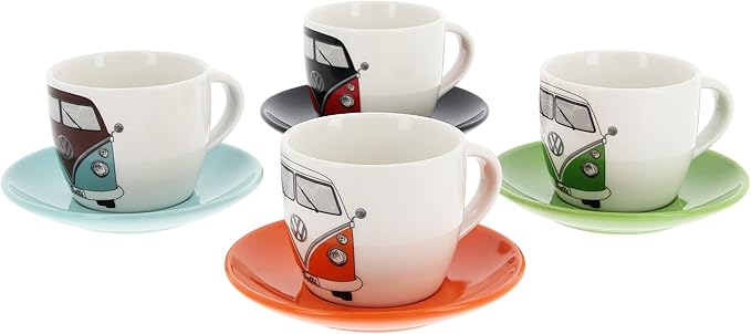 BRISA VW Collection - Volkswagen Espresso Cups Coffee-Tea-Cappuccino Set in T1 Bus Campervan Design (Bus Front/100ml/3.4 fl oz) (Set of 4 (red/black, petrol/brown, orange, green))