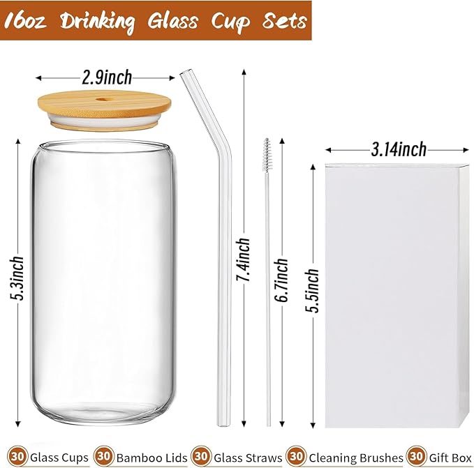 30 Pcs Glass Cups with Bamboo Lids and Straws - 16oz Glass Tumbler, Iced Coffee Cup, Can Shaped Drinking Glasses for Coffee, Tea, Smoothie, Juice, Cocktail Include Cleaning Brushes & Boxes