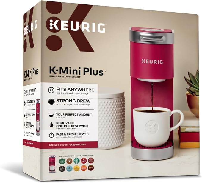 Keurig K-Mini Plus Single Serve K-Cup Pod Coffee Maker, with 6 to 12oz Brew Size, Stores up to 9 K-Cup Pods, Travel Mug Friendly, Cardinal Red