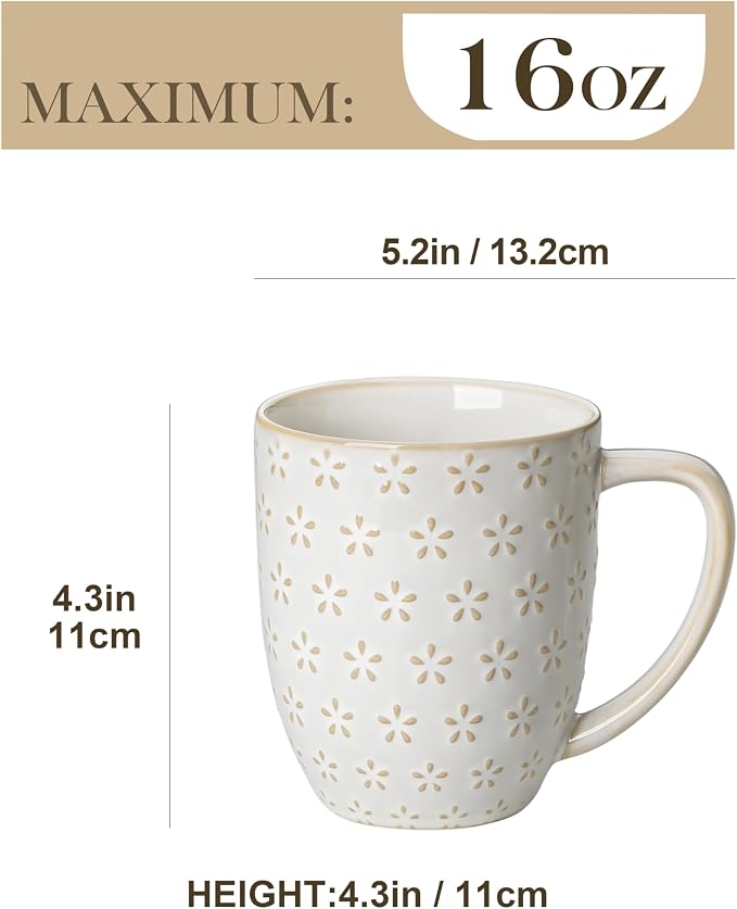 MALACASA LYDIA Coffee Mugs Set of 4, 16 Oz Ceramic White Cups with Handles, Embossed Cups for Latte Cappuccino Mocha, Dishwasher Microwave Safe, Gift Set for Coffee Lovers