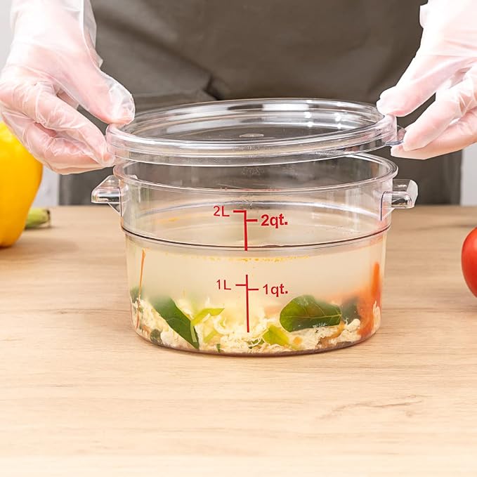 Restaurantware Met Lux 2 Quart Food Storage Container, 1 Round Commercial Storage Container - Lid Sold Separately, With Volume Markers, Clear Plastic Food Prep Bucket, Space-Saving Storage
