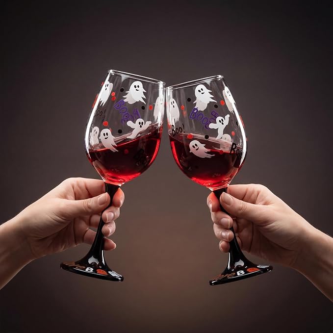 SiliFine 2 Pcs Halloween Ghost Theme Party Stemmed Wine Glasses Hand Painted Drinking Cup Wine Glasses Gifts for Halloween Birthday Theme Holiday Party Supplies