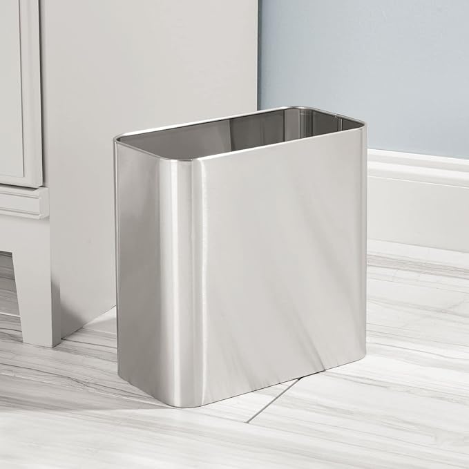 mDesign Modern Compact Freestanding MetalToilet Bowl Brush and Rectangle Open Wastebasket Garbage Can Combo Set for Bathroom Storage - Sturdy, Deep Cleaning - Set of 2 - Stainless Steel