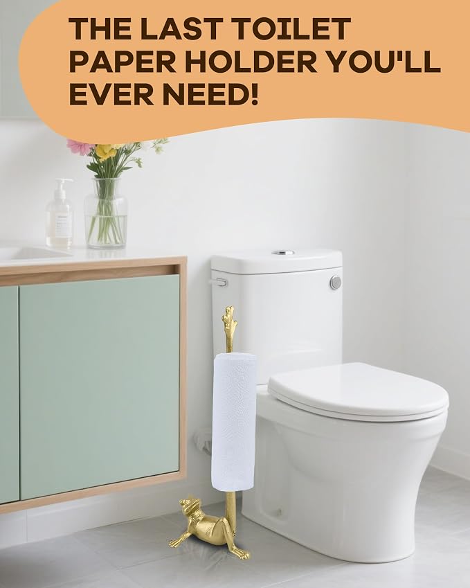 16.5" Golden Frog Paper Towel Holder for Bathroom & Kitchen - Whimsical Cast Iron Free Standing Paper Roll Holder, Decorative Toilet Paper Stand with Weighted Base