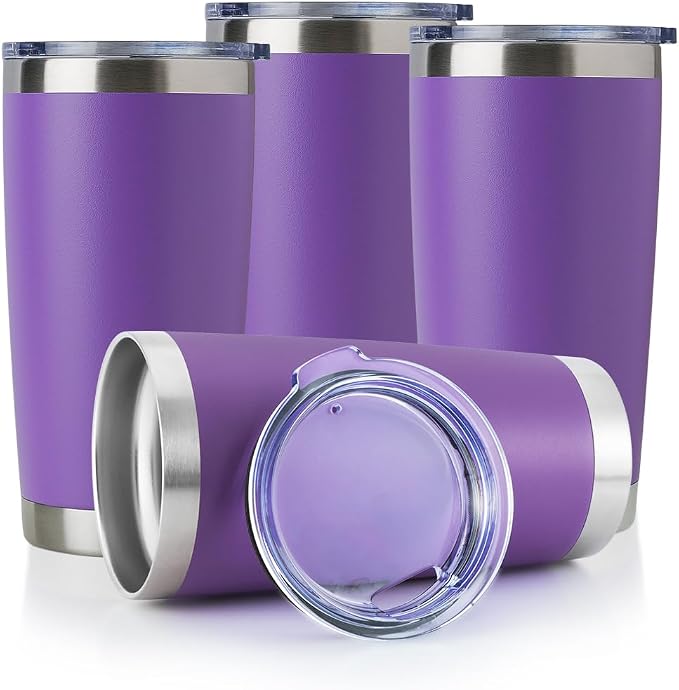 DOMICARE 20oz Stainless Steel Tumbler Bulk with Lid, Double Wall Vacuum Insulated Travel Mug, Powder Coated Coffee Cup, Powder Purple, 4 Pack