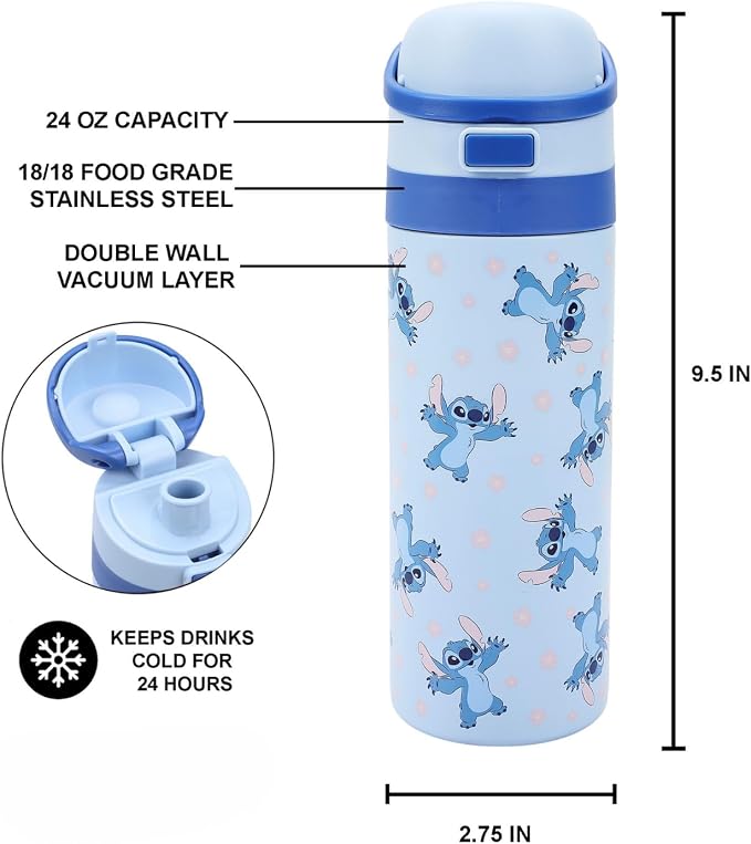 Lilo & Stitch All-Over Stitch Print Blue 24 Oz Stainless Steel Water Bottle