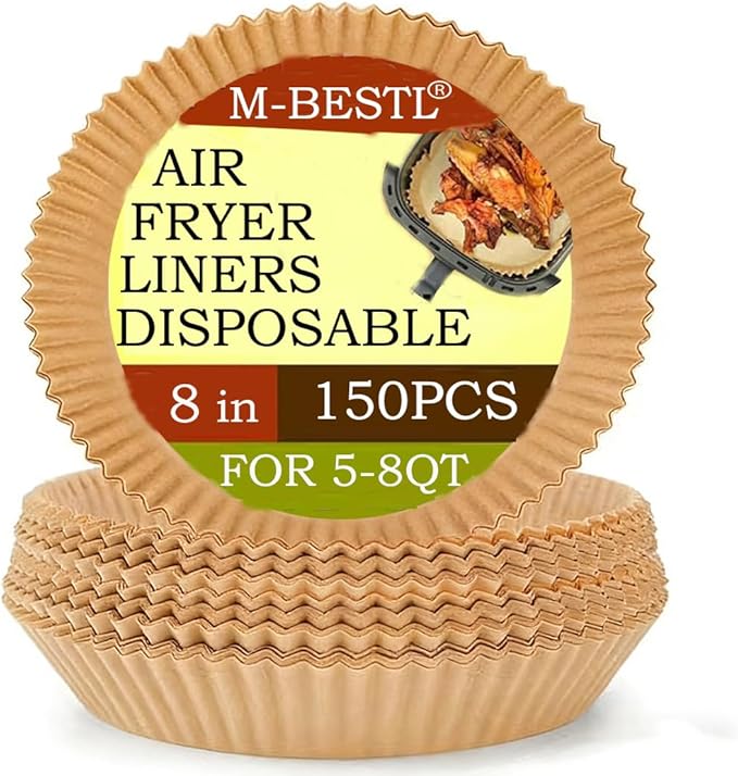 M-bestl Round Air Fryer Liners Disposable for Ninja 5-8 QT,150 pcs Parchment Paper Liners for Air Fryer,Non-stick&Oil-proof for Cleanup of Baking Roasting Microwave Easily (8inch,Round)