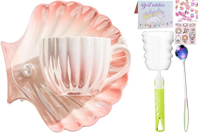 Pearl Shell Ceramic Coffee Mug with Coaster Set for Tea Latte Milk Cute Cup with Saucer for Home Office Women Gift 6.5 oz (Shell Gradient Pink, 240 ml)