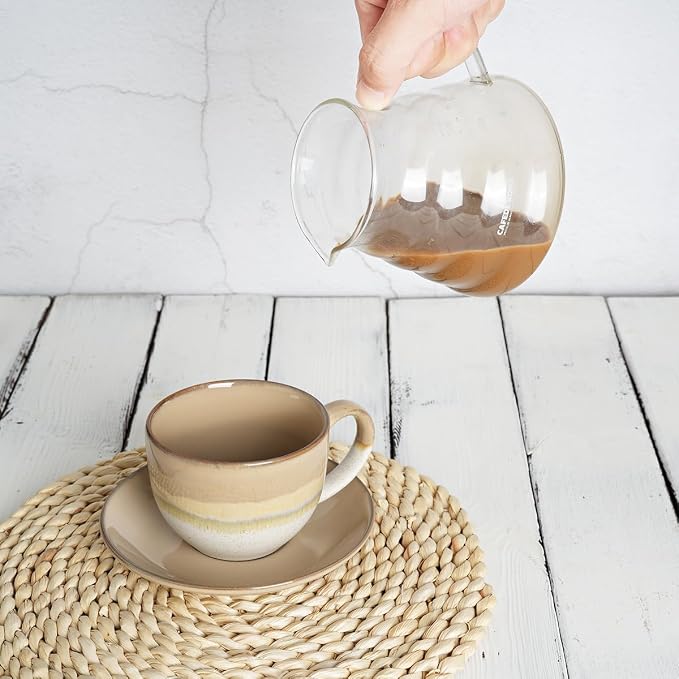 Bosmarlin Ceramic Cappuccino Cup and Saucer Set of 2, 10 Oz, Coffee Cups for Latte, Espresso, Tea, Dishwasher and Microwave Safe (Brown Grey)