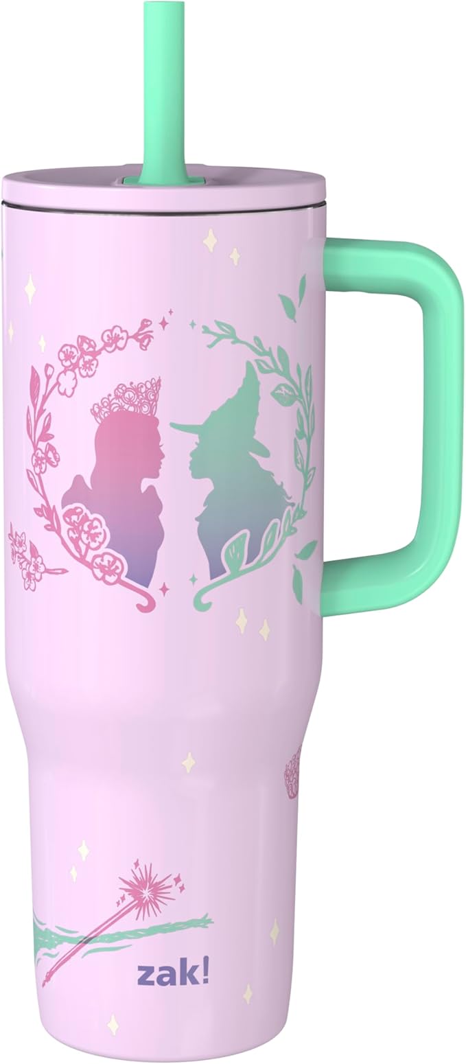 Zak Designs Wicked: For Good Sutton Travel Tumbler for On the Go, 30oz Stainless Steel with Vacuum Insulation, Silicone Straw, and Carry Handle for Cold Drinks (Glinda and Elphaba)