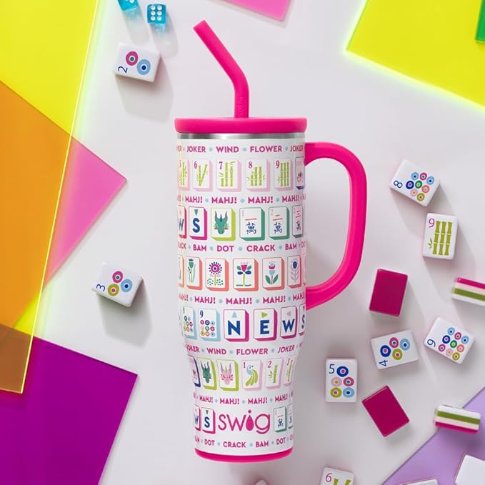Swig Life 30oz Mega Mug, 30oz Tumbler with Handle and Straw, Large Insulated Tumblers, Cup Holder Friendly Travel Mug, Stainless Steel 30 oz Tumbler, Reusable Insulated Water Bottle (Mahjong)