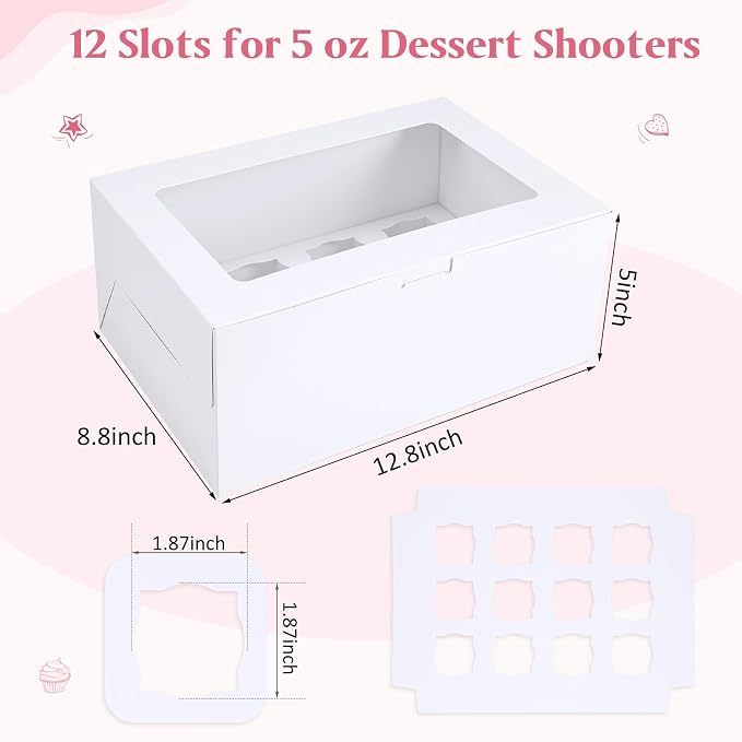 15 Pack Dessert Shooter Box with Window, Holds 12 Count 5 oz Square or Round Cups, Disposable Dessert Carrier for Party & Catering, 12.8 x 8.8 x 5.5 Inch
