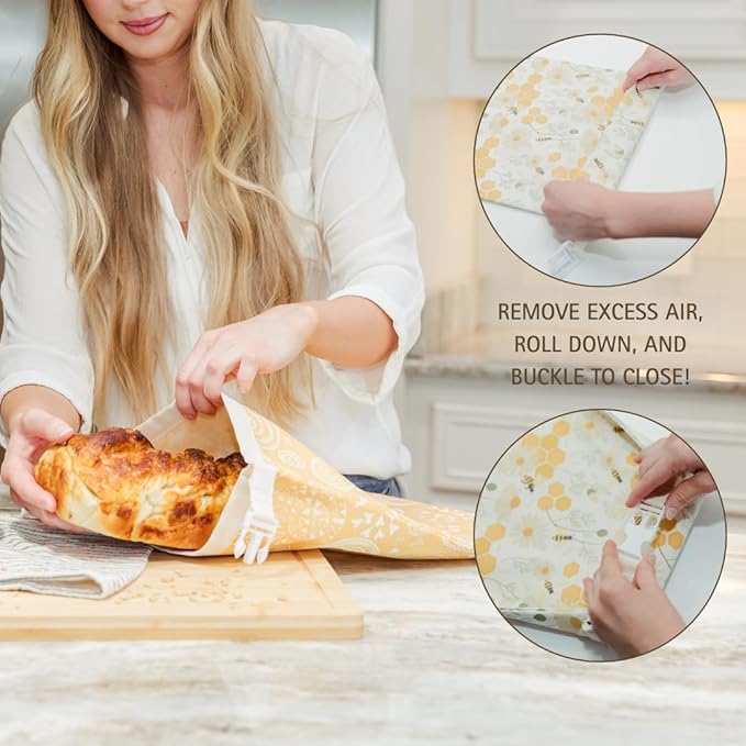 Reusable Beeswax Bread Bag 2 Pack –12x17 Bread Bag for Homemade Sourdough, Beeswax Coated Organic Cotton Storage Bag for Loaf Baguette, Freezer Safe, Eco-Friendly Wrap Honeybee